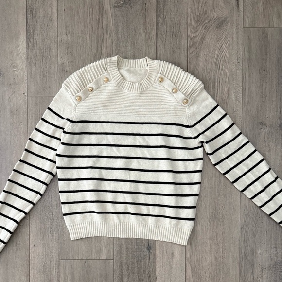 Striped Cream and Black Striped Sweater with Gold Button Accent - Picture 3 of 7